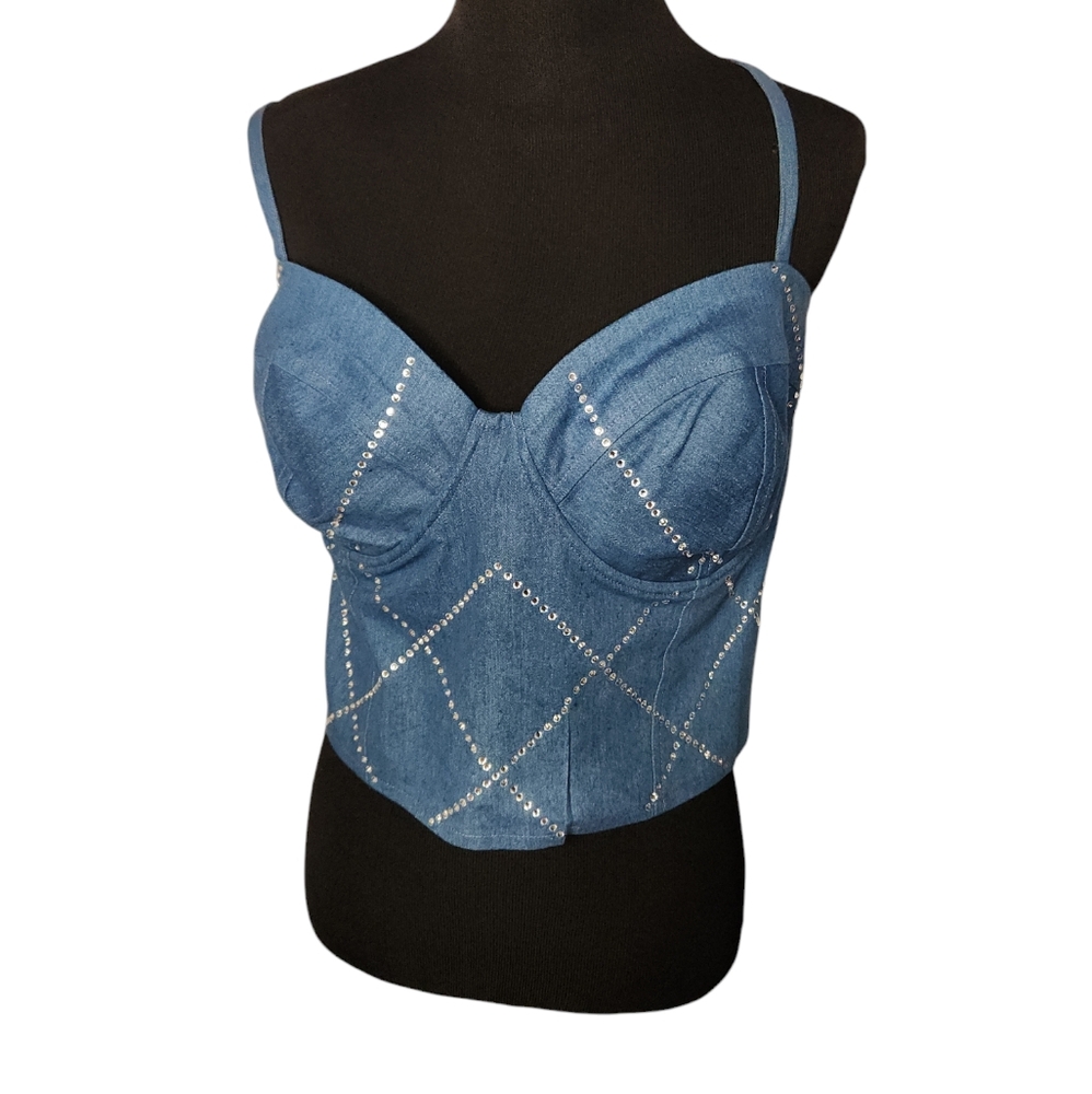 NWT Rue Rhinestone Studded Plus Denim Underwire Bustier Size 3X Plus